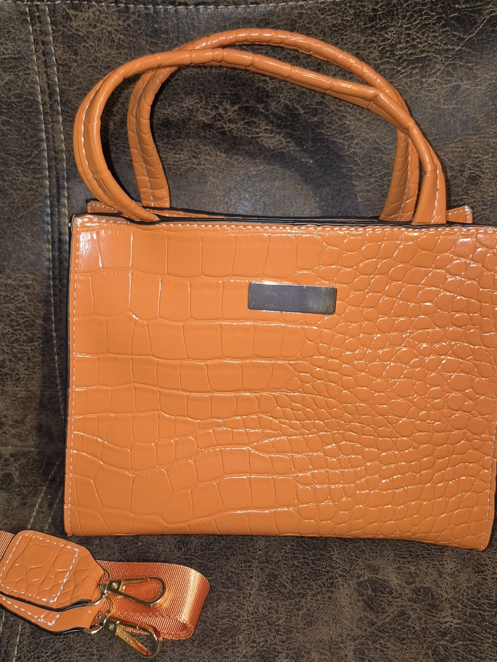 Orange Croc-Embossed Top-Handle & Crossbody Women’s Bag
